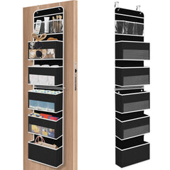 SpaceHacks 6-tier black door organizer shown in full view, maximizing vertical storage without floor clutter.