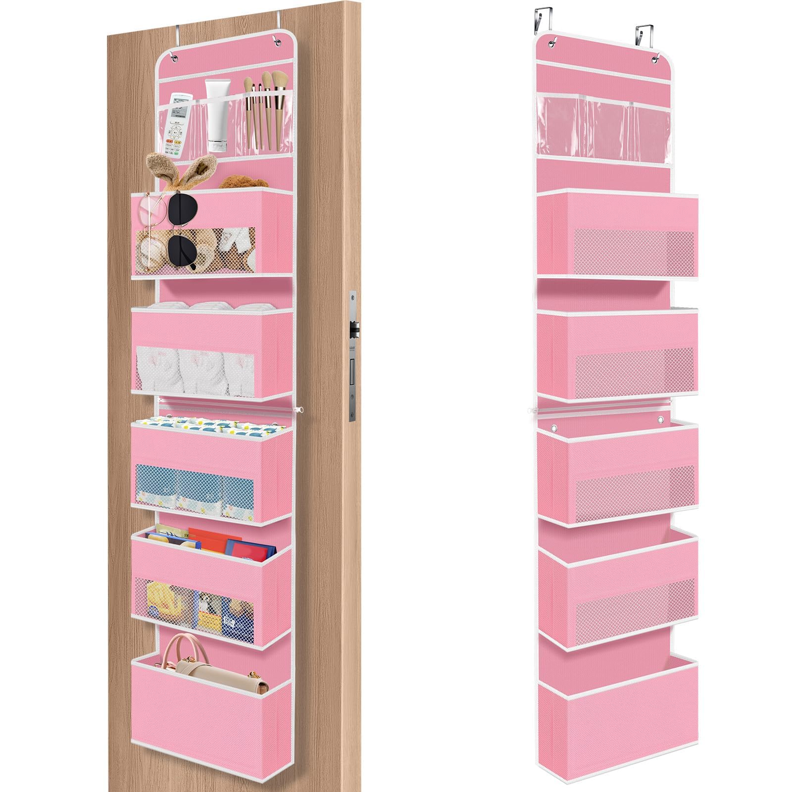SpaceHacks 6-Tier pink door organizer front view with clear pockets for quick finding