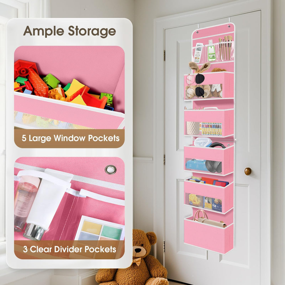 SpaceHacks pink door organizer mounted on door with neatly stored items
