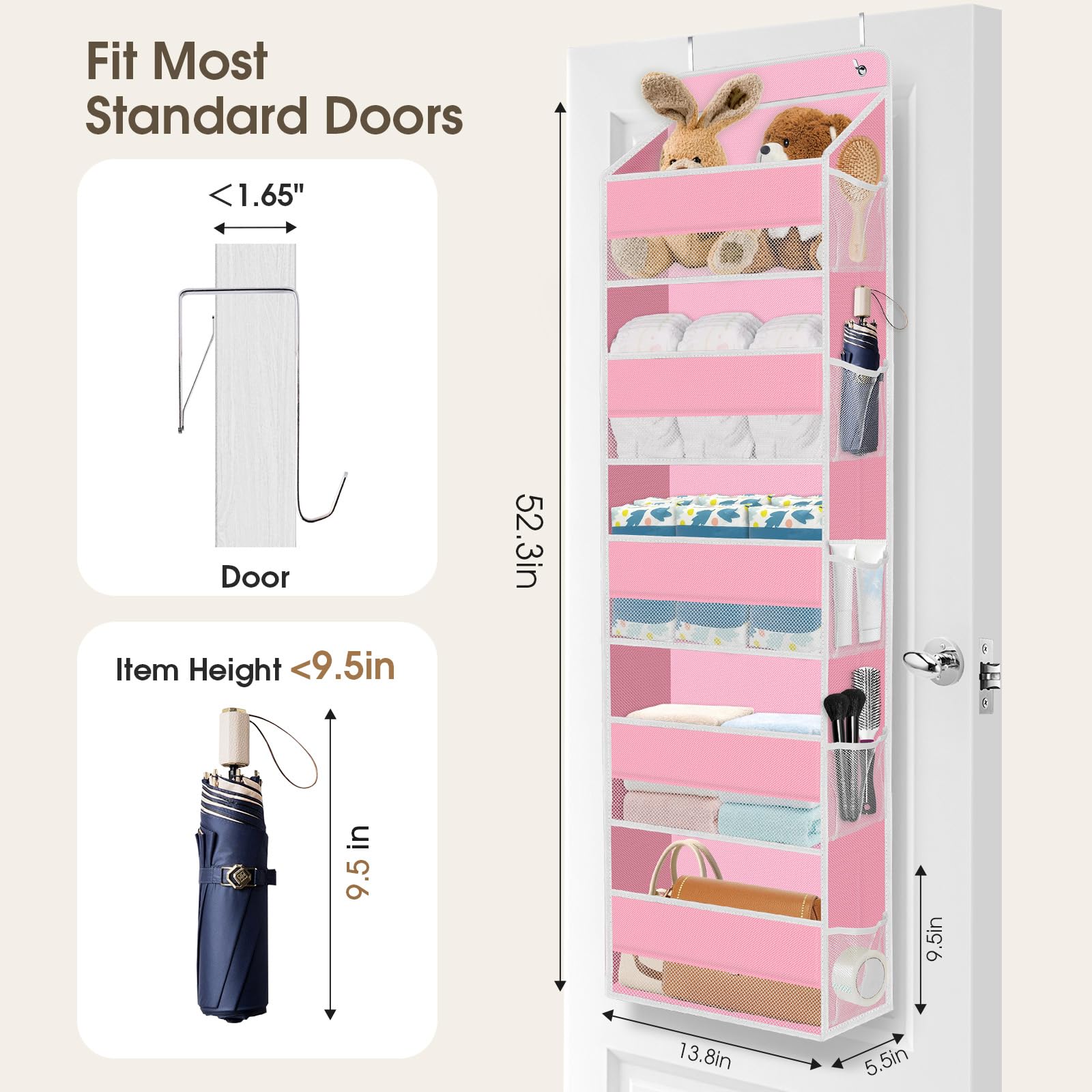 SpaceHacks door organizer hanging installation pink demonstrates easy setup over doors.