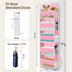 SpaceHacks door organizer hanging installation pink demonstrates easy setup over doors.