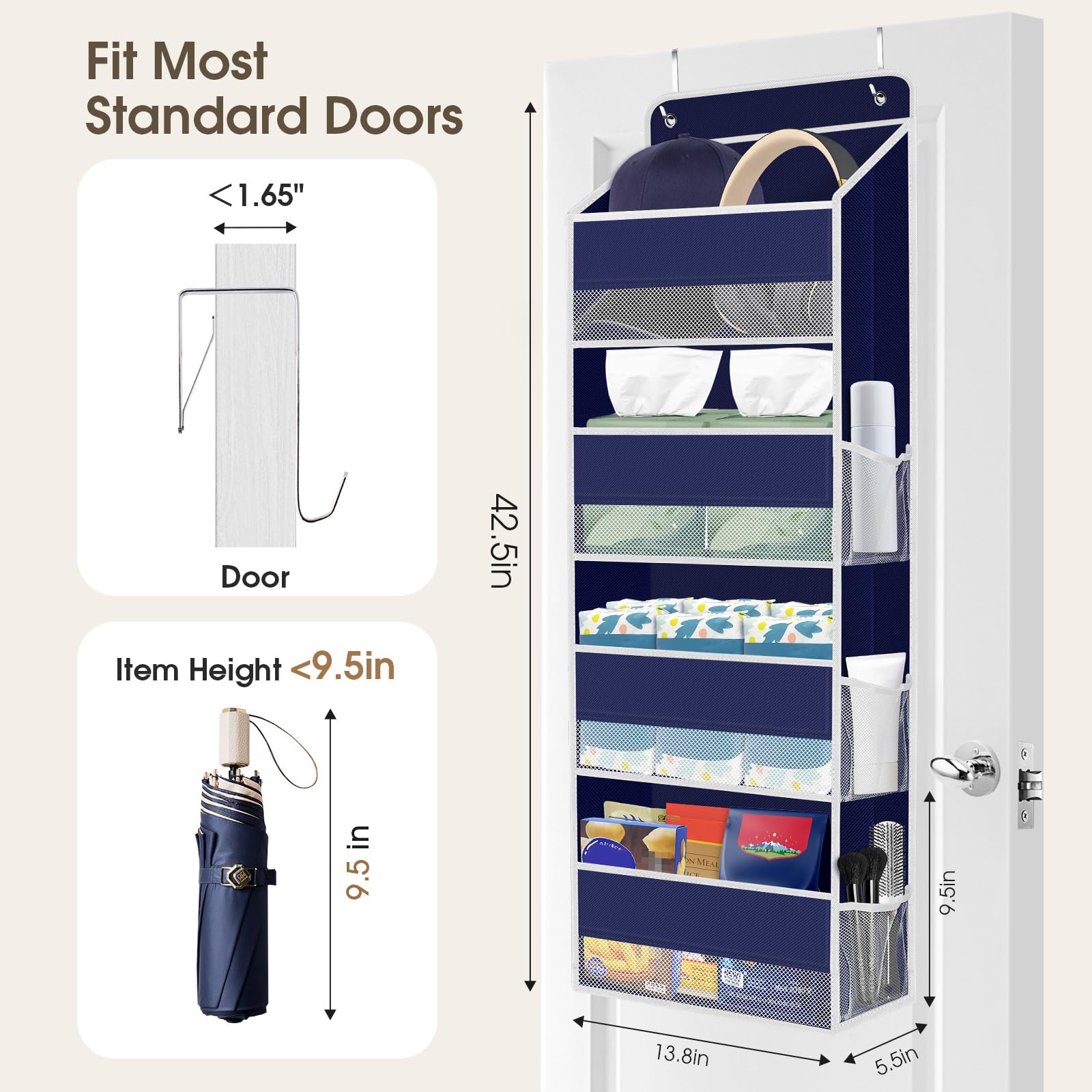 SpaceHacks door organizer hanging setup with hooks demonstrates quick, no-floor-space storage