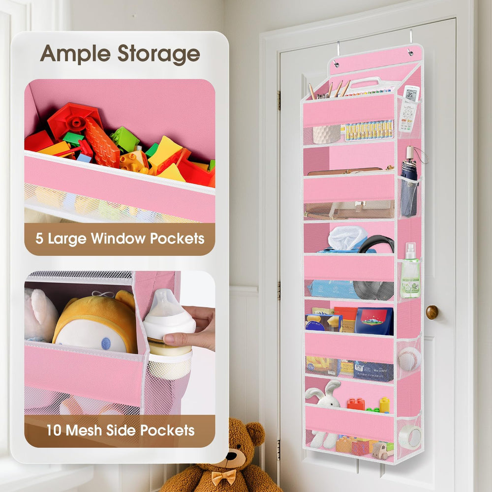 SpaceHacks door organizer shows 40lb capacity when loaded.