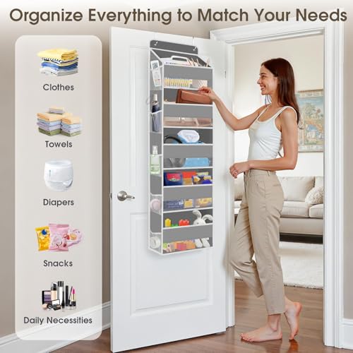 SpaceHacks grey over-the-door organizer on door showcases space-saving storage in a compact footprint