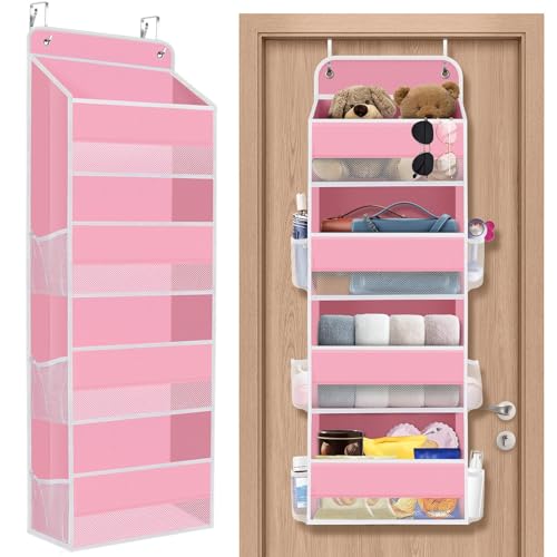 SpaceHacks over-the-door organizer pink front view with clear window for quick item finding.
