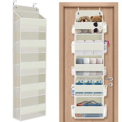 SpaceHacks over-the-door organizer with five pockets and clear mesh windows for quick access.