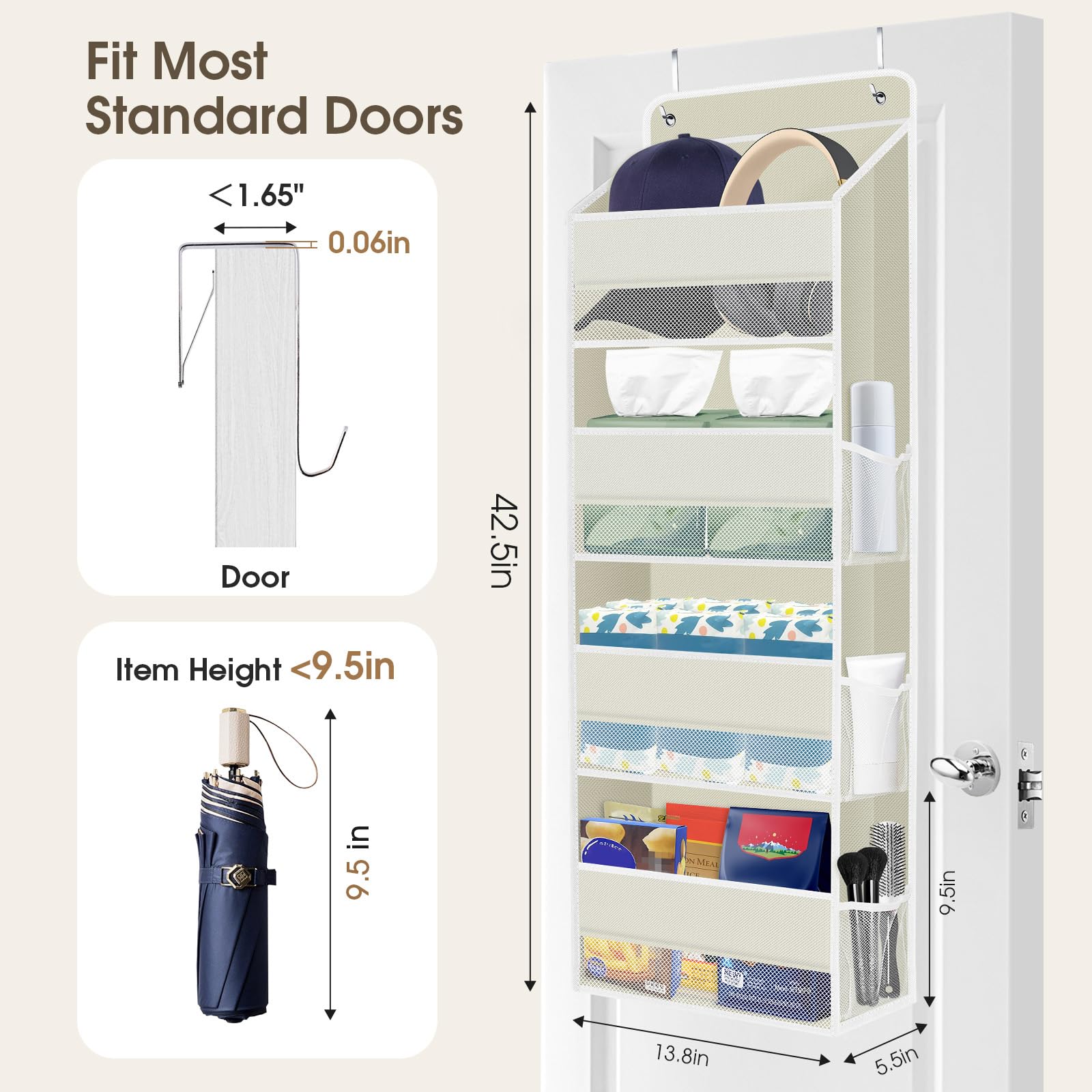 SpaceHacks beige organizer mounted on a door saves floor space