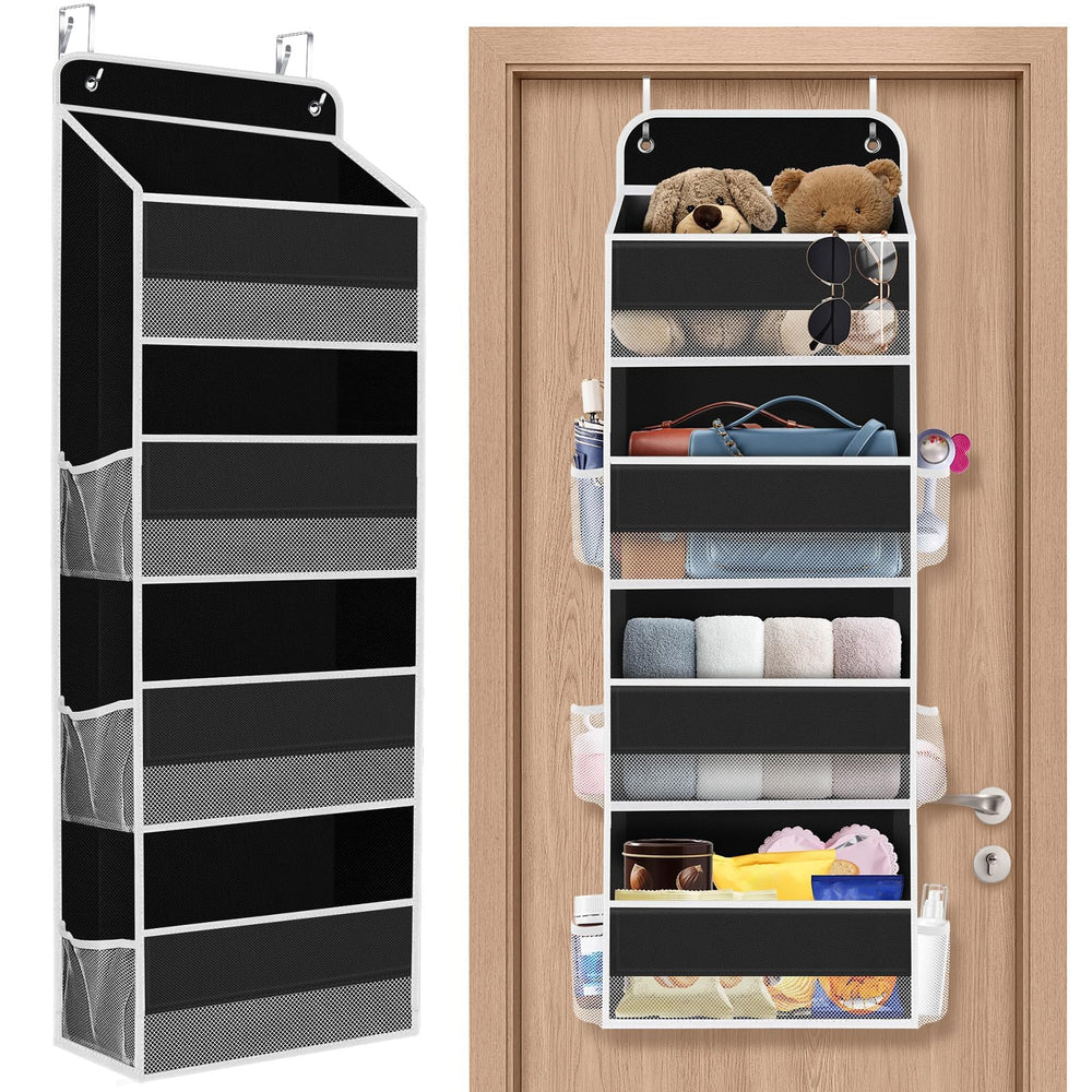 SpaceHacks over-the-door organizer front view highlights four pockets for quick pantry access.