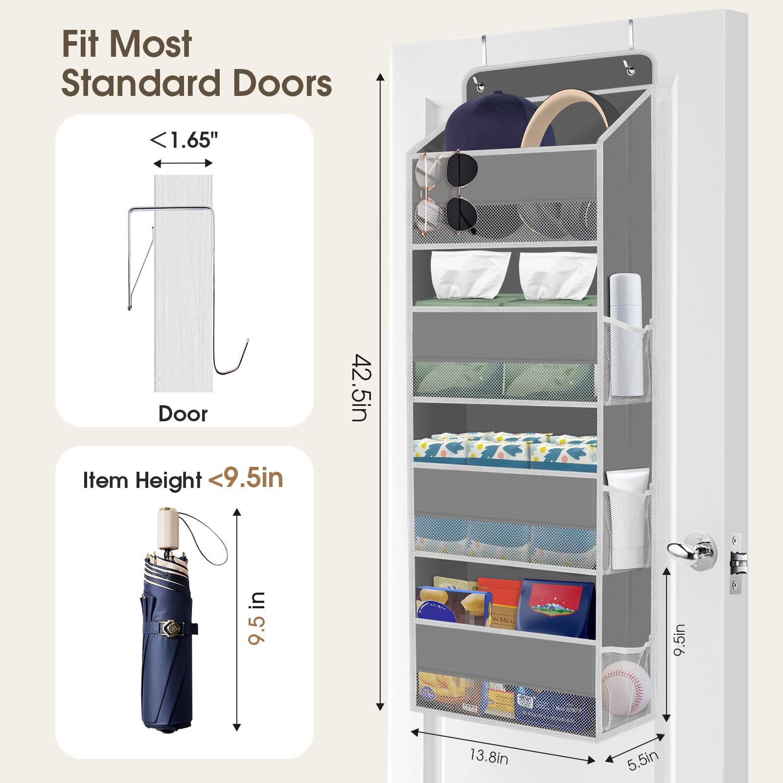 SpaceHacks door organizer grey with mesh pockets improves visibility and item retrieval