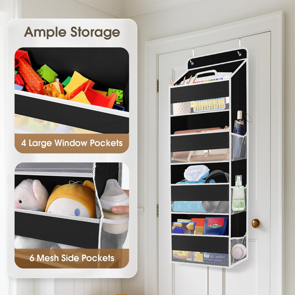 SpaceHacks over-the-door organizer installed and hanging shows simple setup and space-saving use.