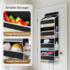 SpaceHacks over-the-door organizer installed and hanging shows simple setup and space-saving use.