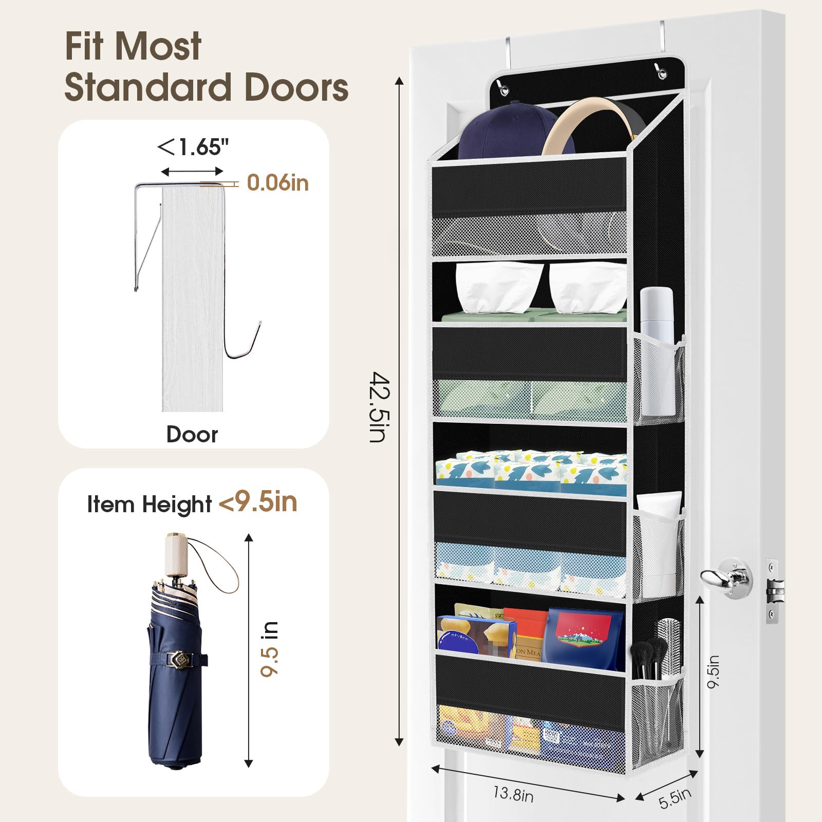 SpaceHacks over-the-door organizer pocket layout shows clutter-free storage for laundry and closet items.