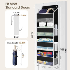 SpaceHacks over-the-door organizer pocket layout shows clutter-free storage for laundry and closet items.