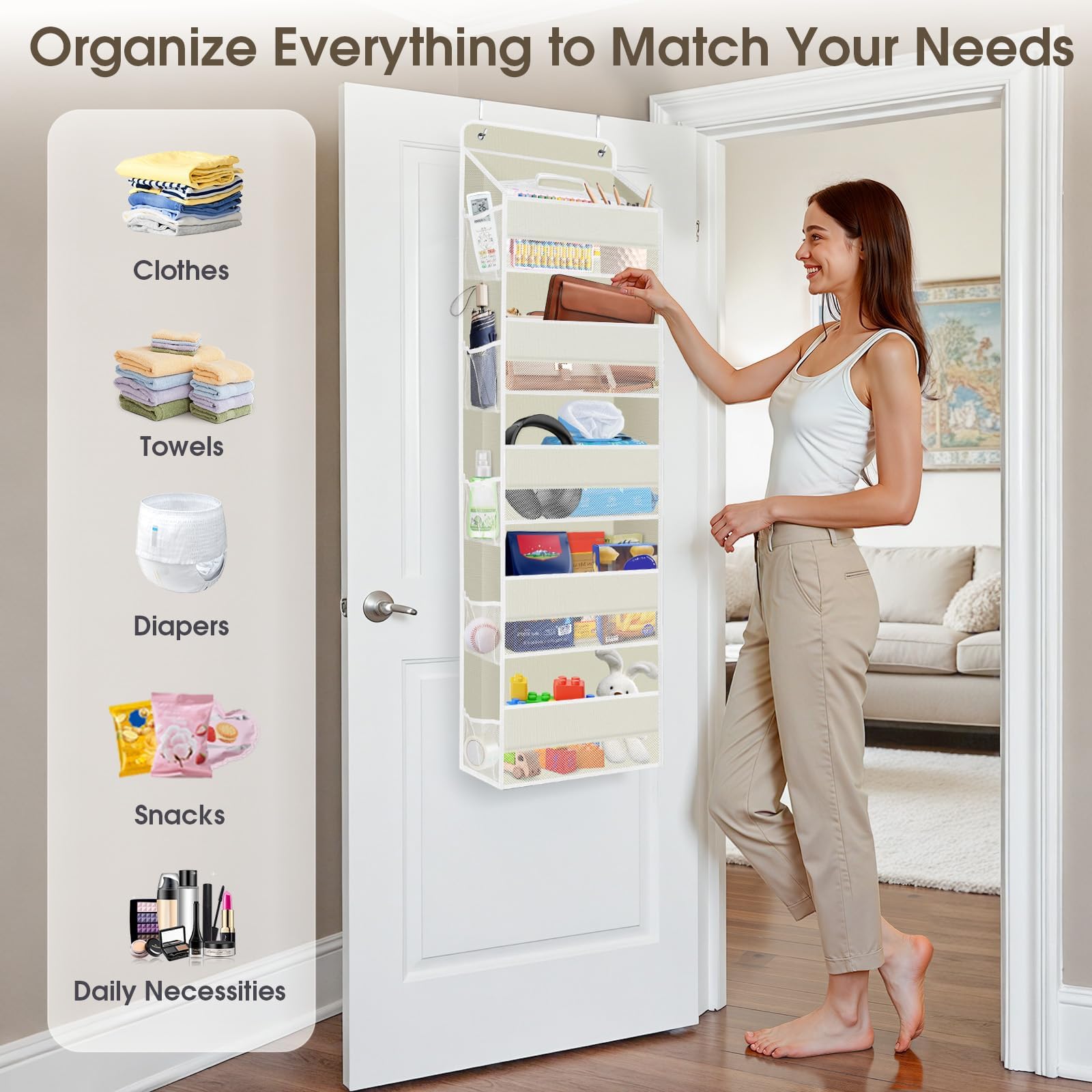 SpaceHacks versatile hanging organizer suits nursery, pantry, closet, and kitchen organization.