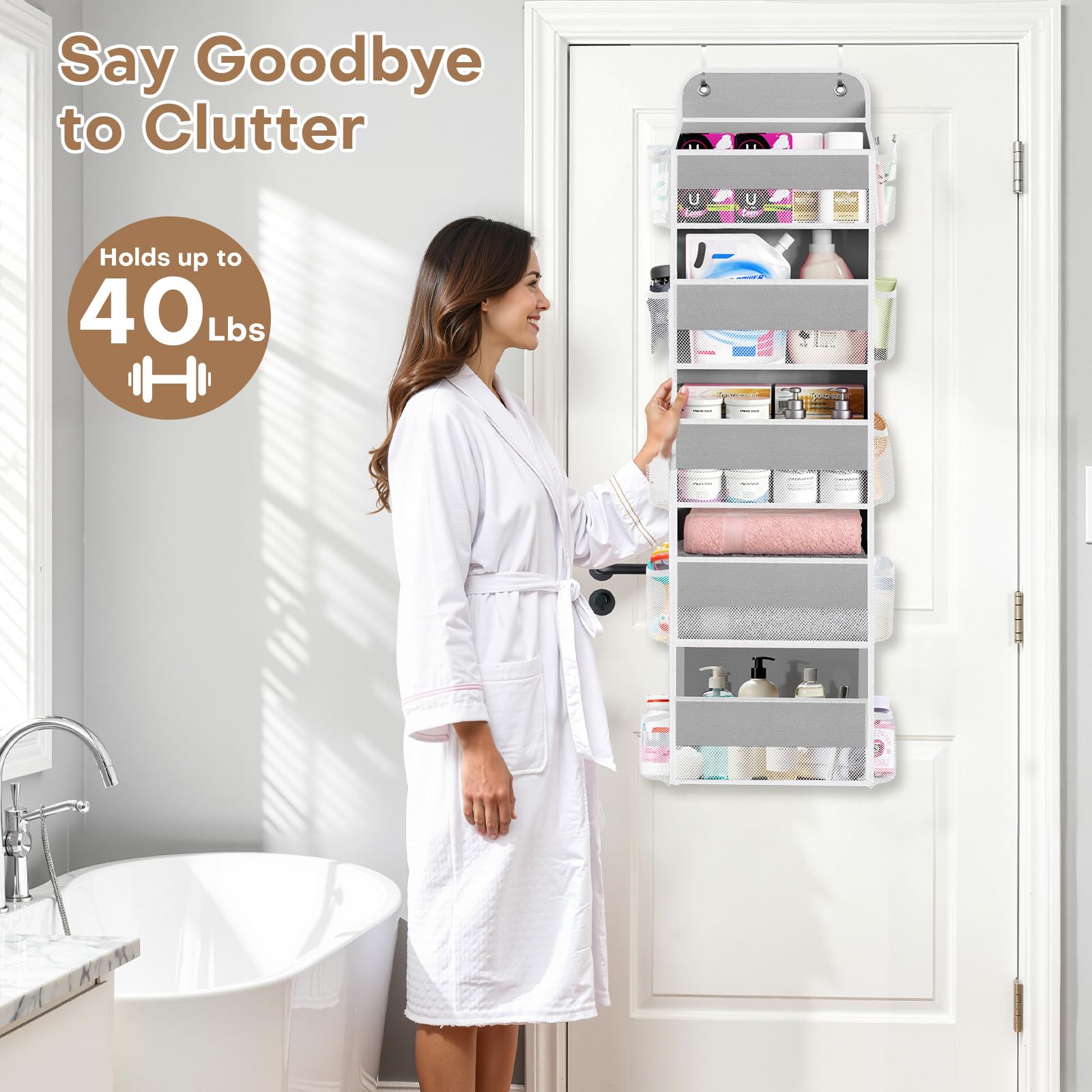 SpaceWhisper Bathroom use stores towels and toiletries in a breathable, visible system.