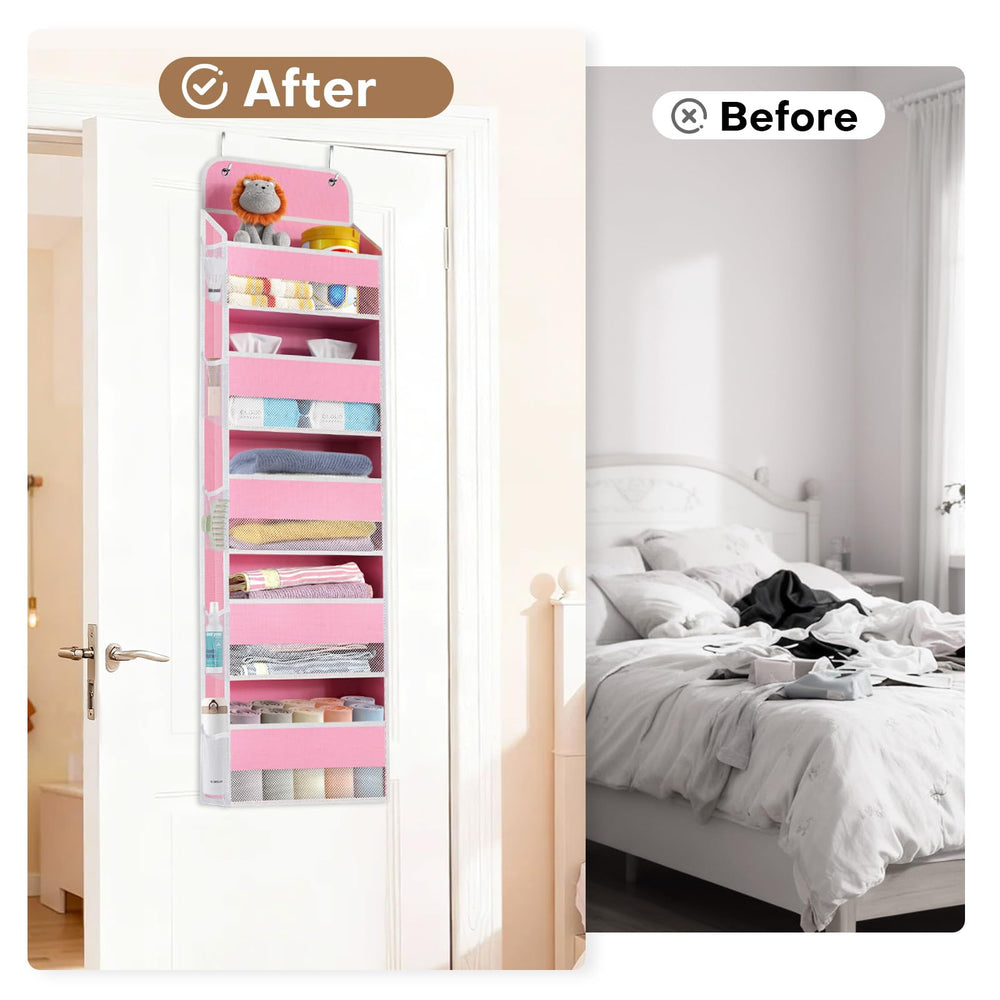 SpaceWhisper Over the Door Organizer bathroom use features towels and toiletries kept organized