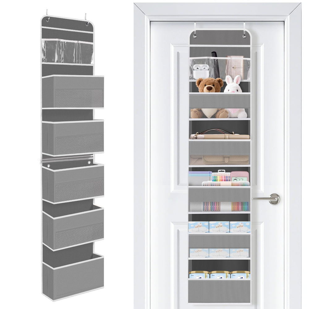 SpaceWhisper Over-the-Door Organizer grey mesh closeup shows breathable pockets for quick-access storage