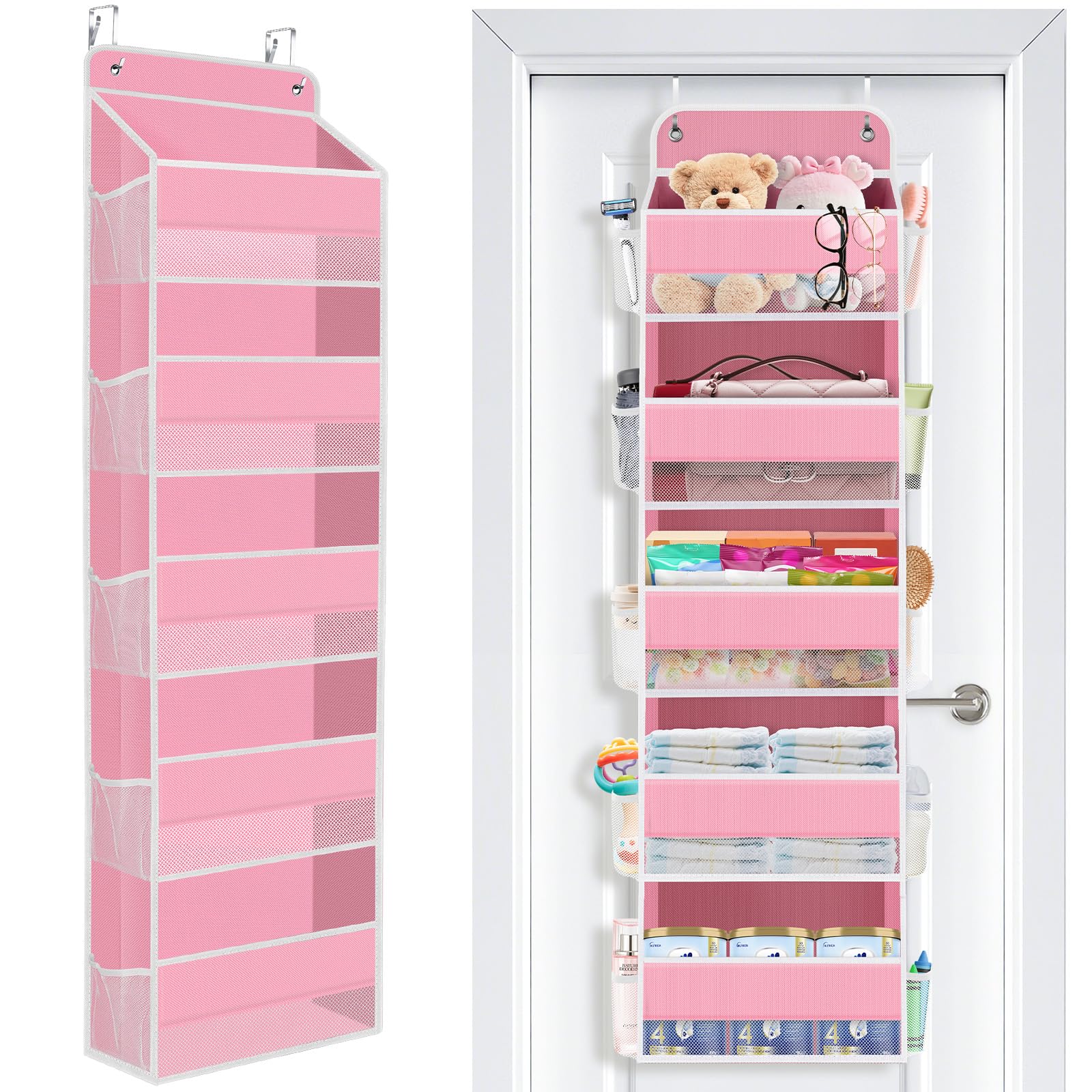 SpaceWhisper Over the Door Organizer pink front view highlights five large pockets for quick baby essentials