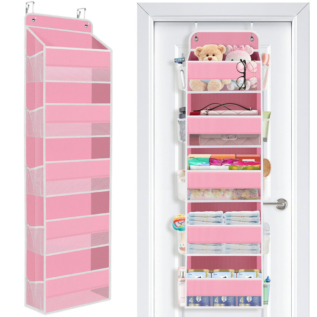 SpaceWhisper Over the Door Organizer pink front view highlights five large pockets for quick baby essentials