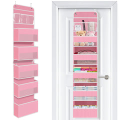 SpaceWhisper over-the-door organizer pink front view highlights space-saving design for nursery clutter