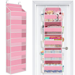 SpaceWhisper Over the Door Organizer pink front view highlights five large pockets for quick baby essentials