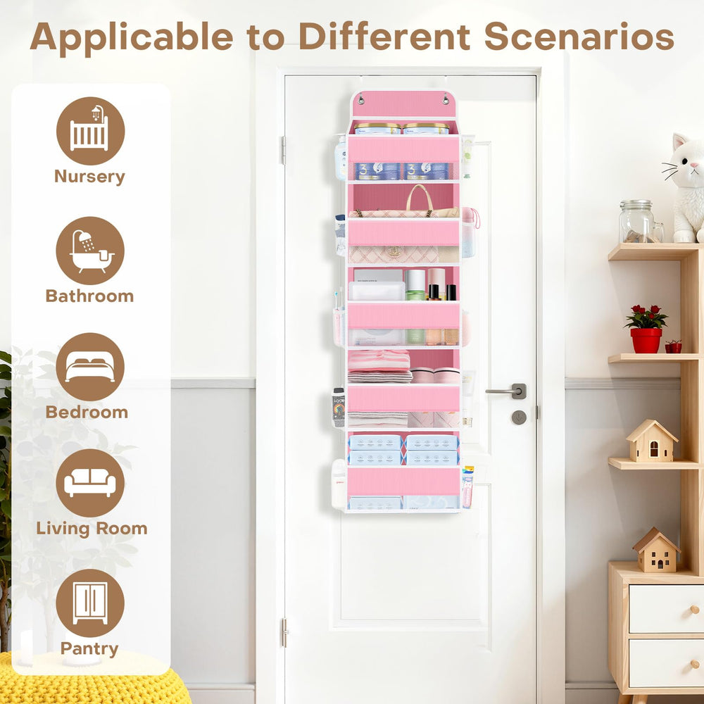 SpaceWhisper Over the Door Organizer pink side mesh pockets shown for visible storage of toiletries