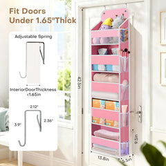 SpaceWhisper Over the Door Organizer pink spacious compartments shown with diapers and towels for easy access