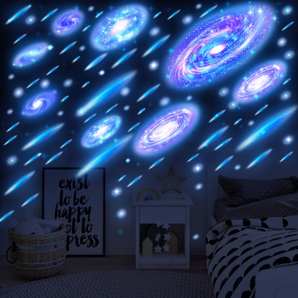 Spakon glow-in-the-dark stars sheets 1 show blue glowing galaxy stars for a gentle bedroom night light.