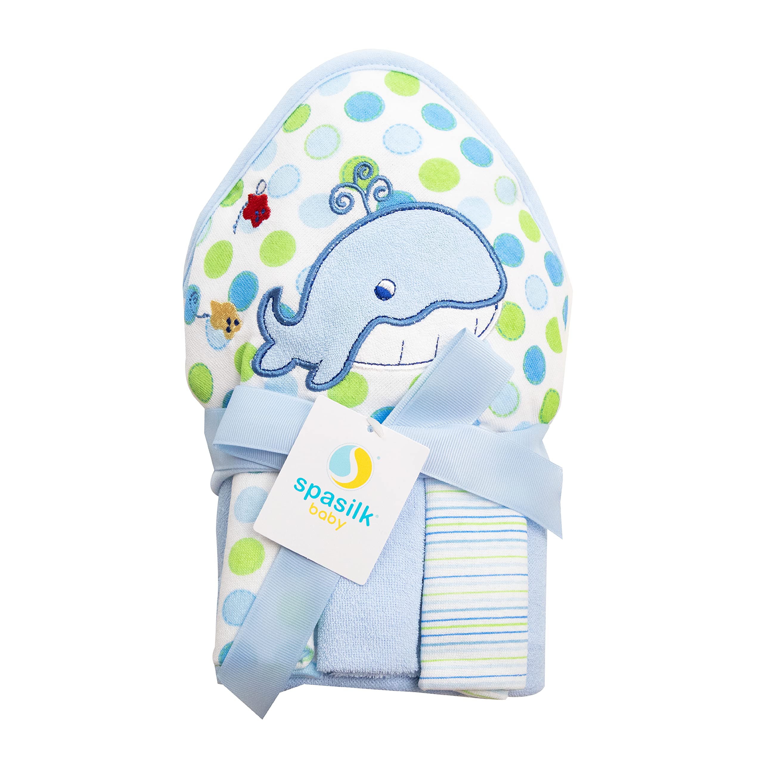 Spasilk baby bath hooded towel with blue whale design keeps baby warm and dry.