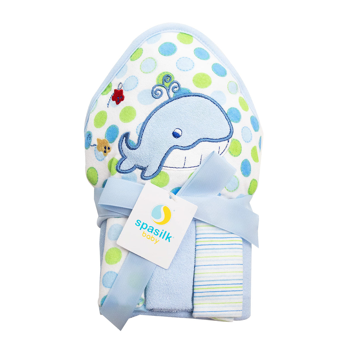 Spasilk baby bath hooded towel with blue whale design keeps baby warm and dry.