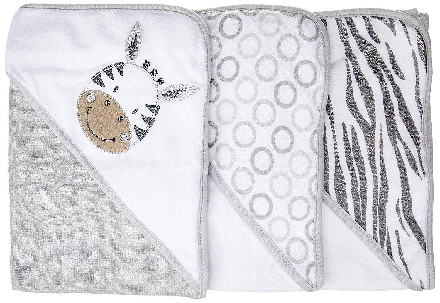 Spasilk grey zebra hooded towel with applique demonstrates vibrant prints for baby bath time.