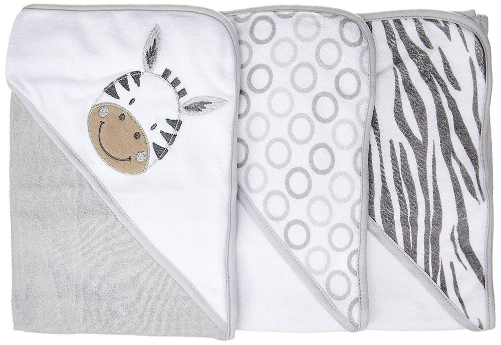 Spasilk grey zebra hooded towel with applique demonstrates vibrant prints for baby bath time.