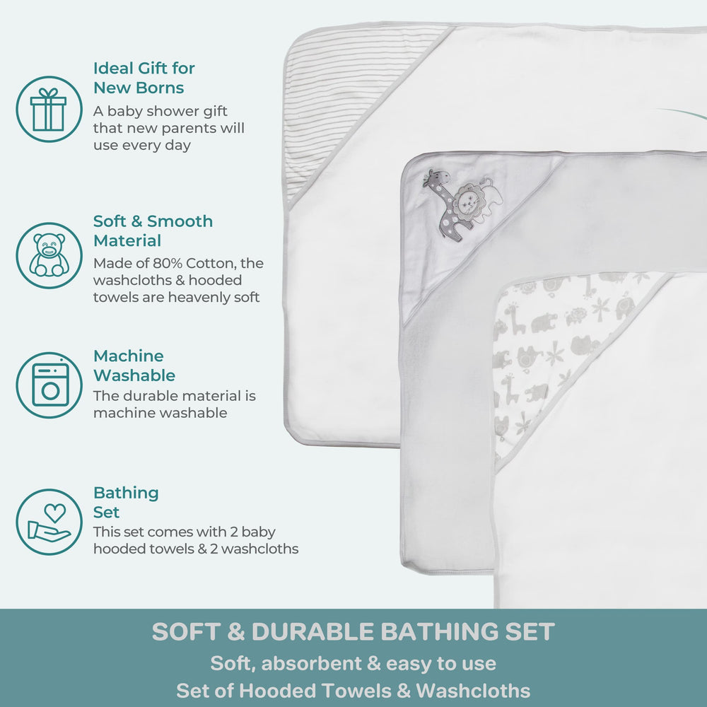 Spasilk gray lion towel print with dotted patterns appealing to newborns
