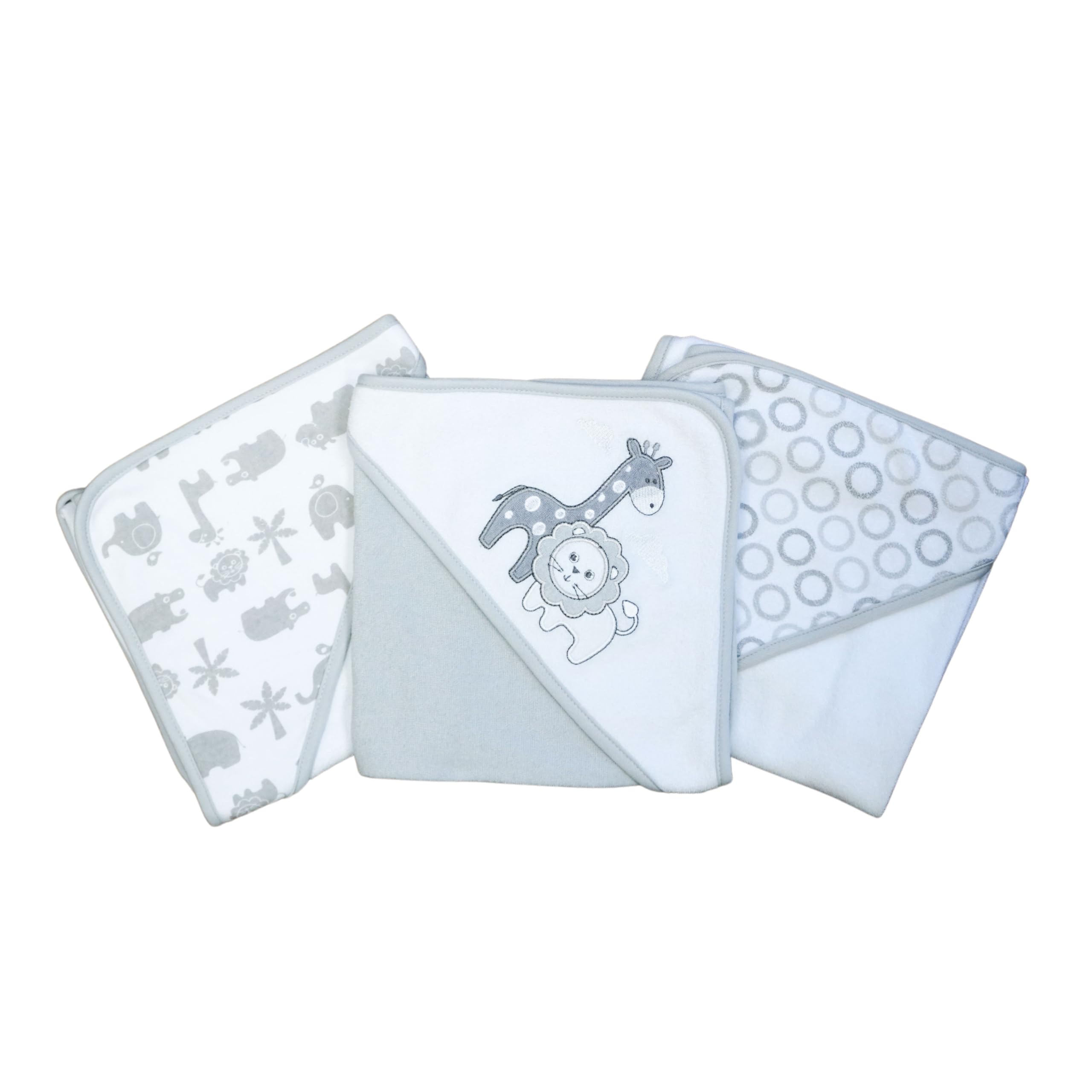 Spasilk baby hooded towels in gray lion set laid flat, soft and ready for bath time