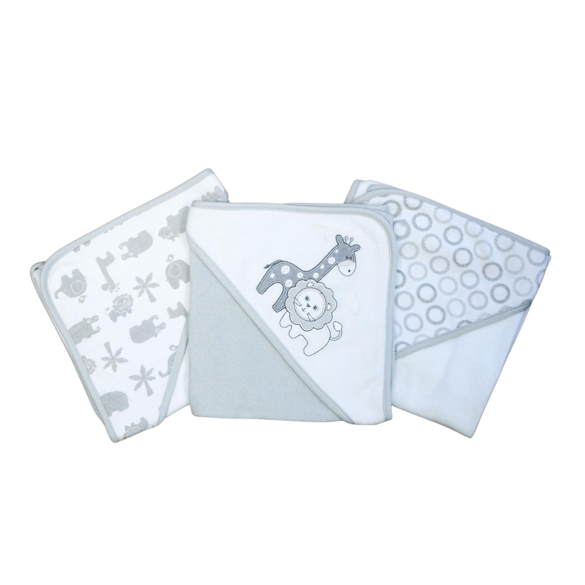 Spasilk baby hooded towels in gray lion set laid flat, soft and ready for bath time