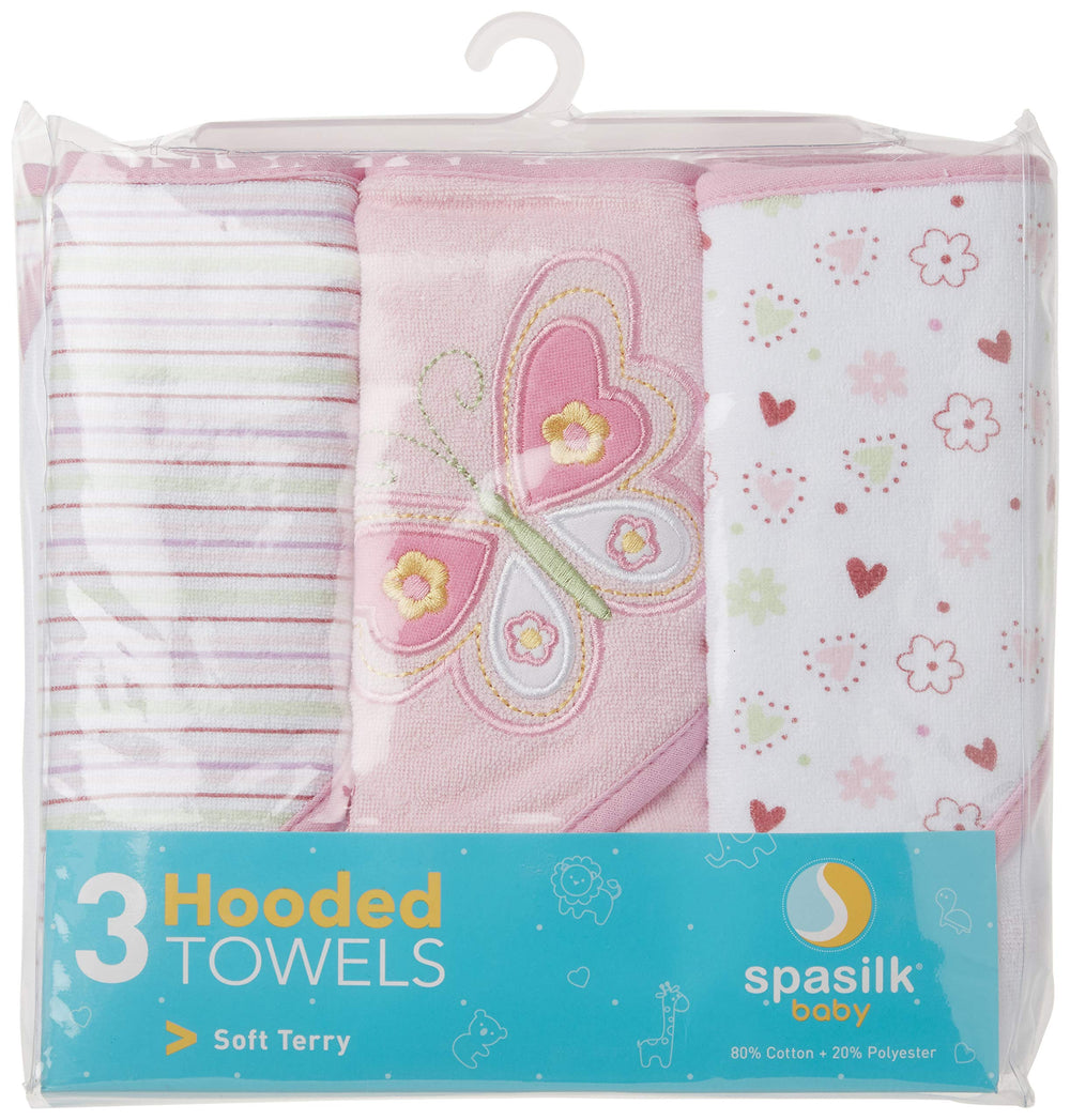Spasilk baby hooded towel offers soft cotton blend and machine washable convenience.