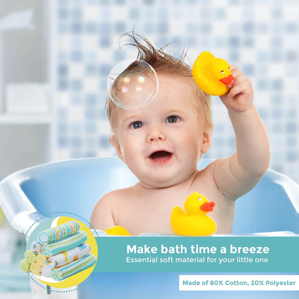 Spasilk baby washcloths yellow lines in-bath setup illustrate gentle cleansing during bath time