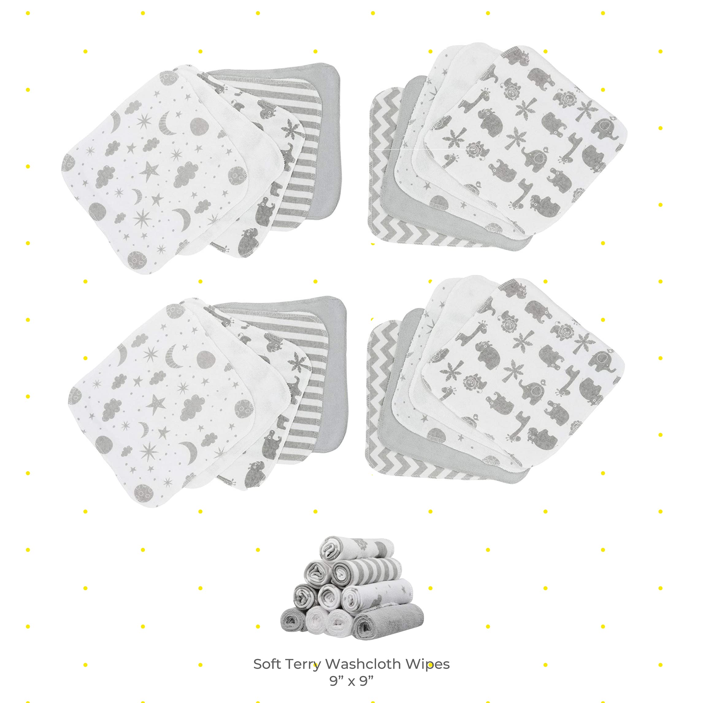 Spasilk color prints washcloths showing cheerful designs to brighten baby routines.