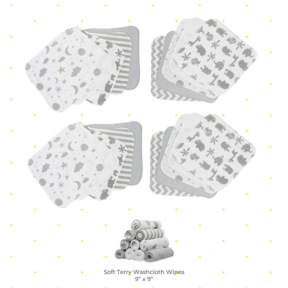 Spasilk color prints washcloths showing cheerful designs to brighten baby routines.