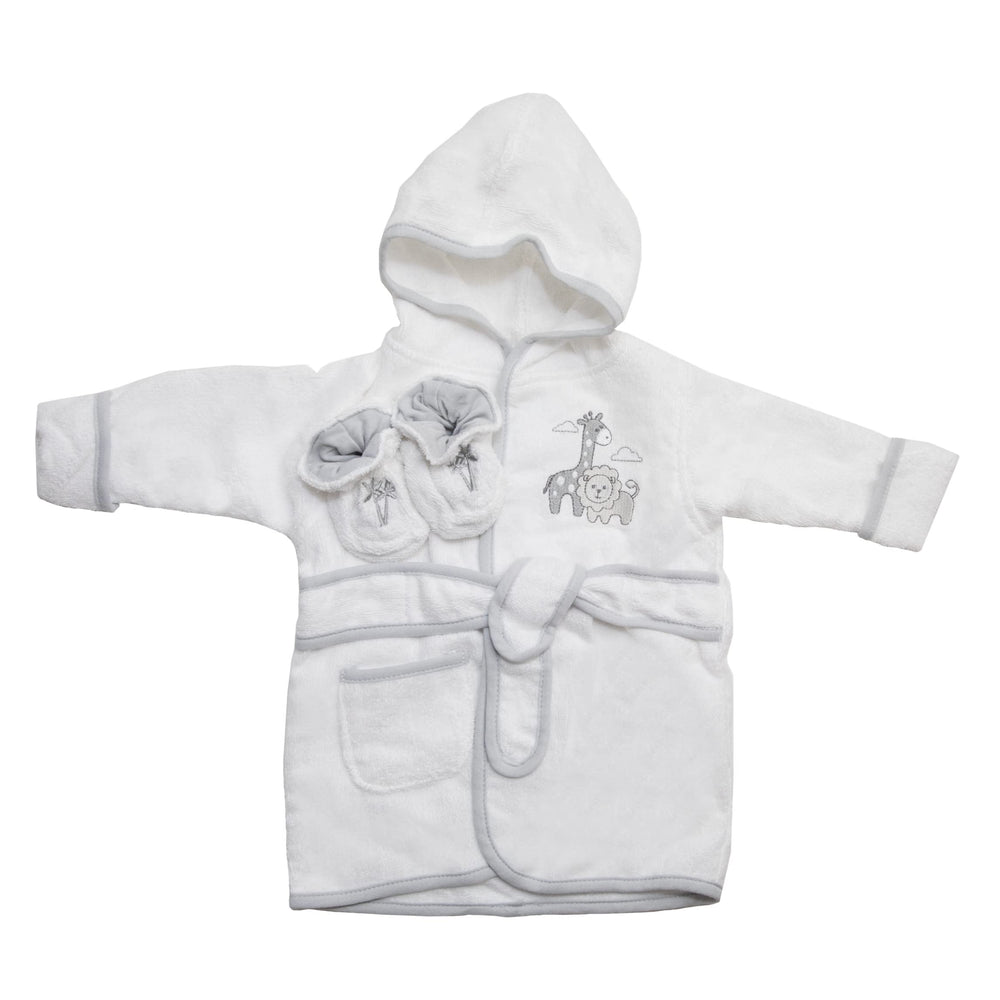 Spasilk hooded terry bathrobe with grey lion applique keeps baby warm after bath.
