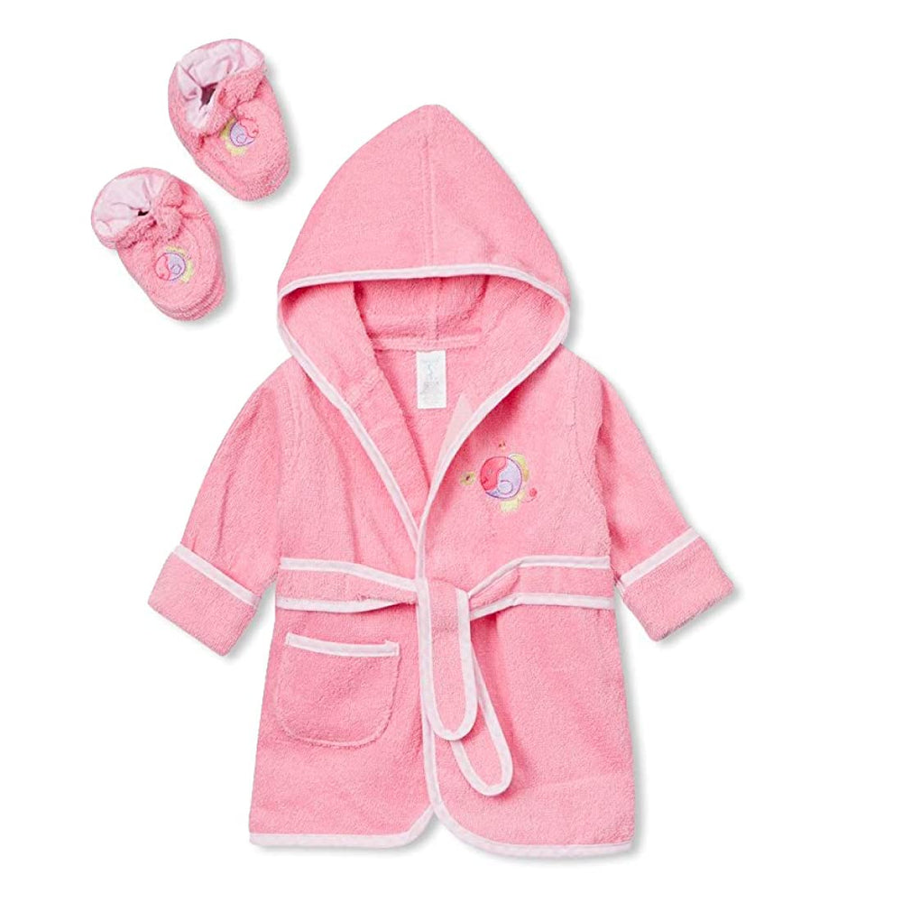 Spasilk hooded terry bathrobe in pink fish keeps baby warm after bath