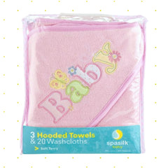 Spasilk hooded towel embroidery design pink focuses on playful appliques during bath