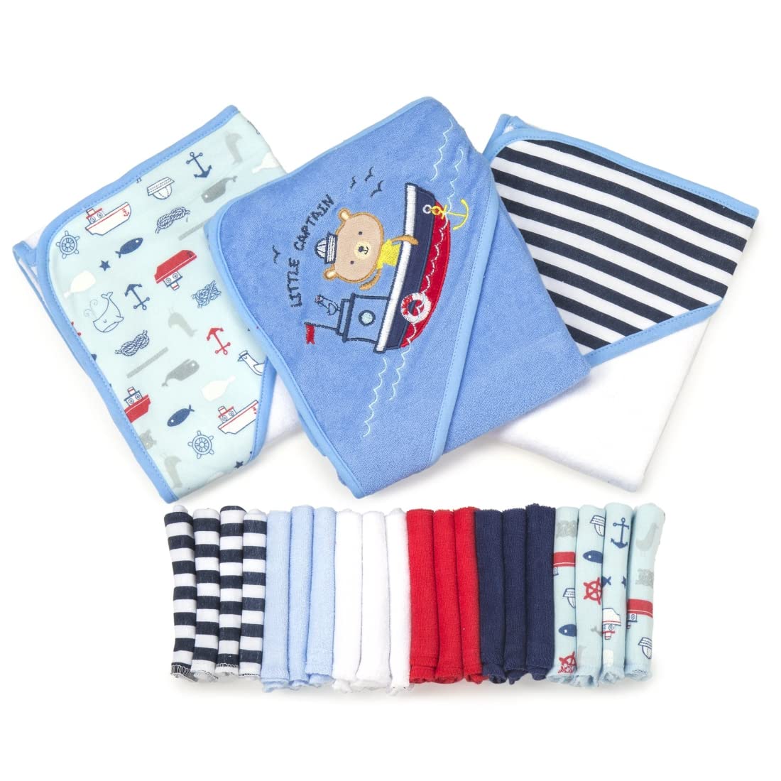Spasilk hooded towel navy nautical folded; ultra-soft and kid-friendly bath time essential.