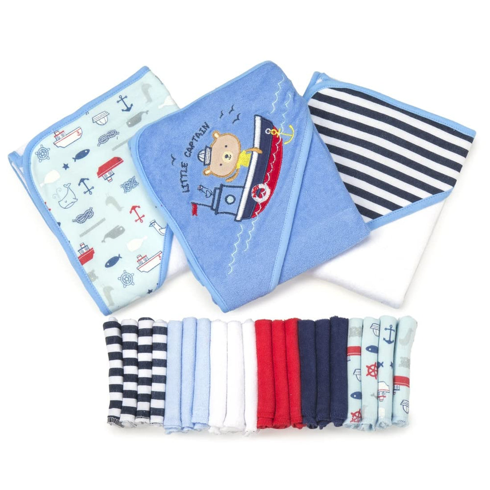 Spasilk hooded towel navy nautical folded; ultra-soft and kid-friendly bath time essential.