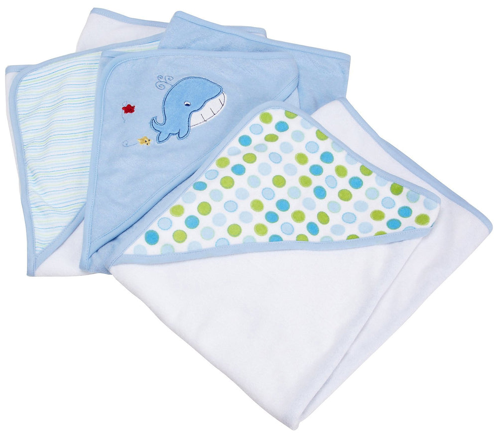 Spasilk hooded towel set in blue whale design offers soft post-bath warmth for newborns