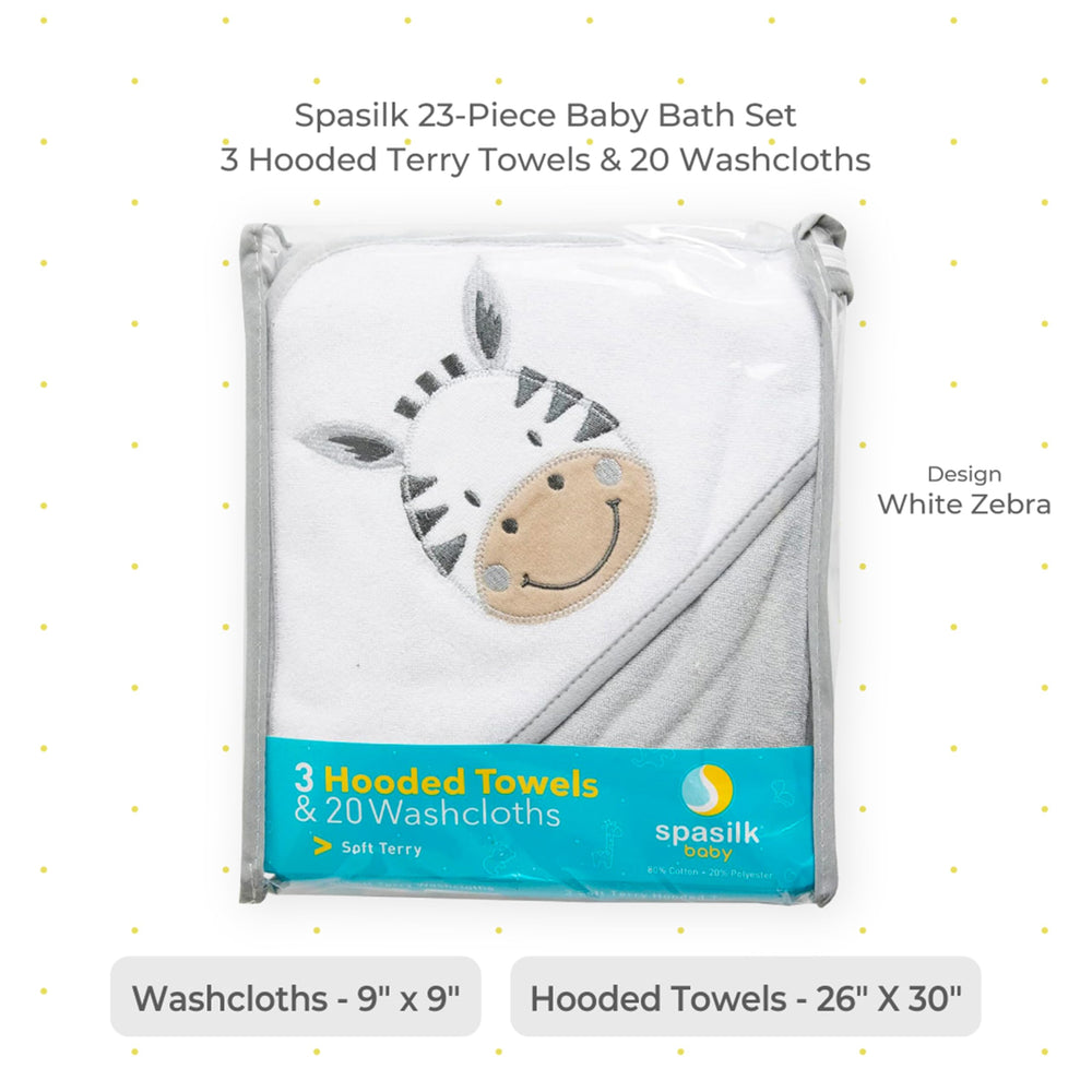 Spasilk hooded towel white zebra pack shot highlighting gift-ready presentation.