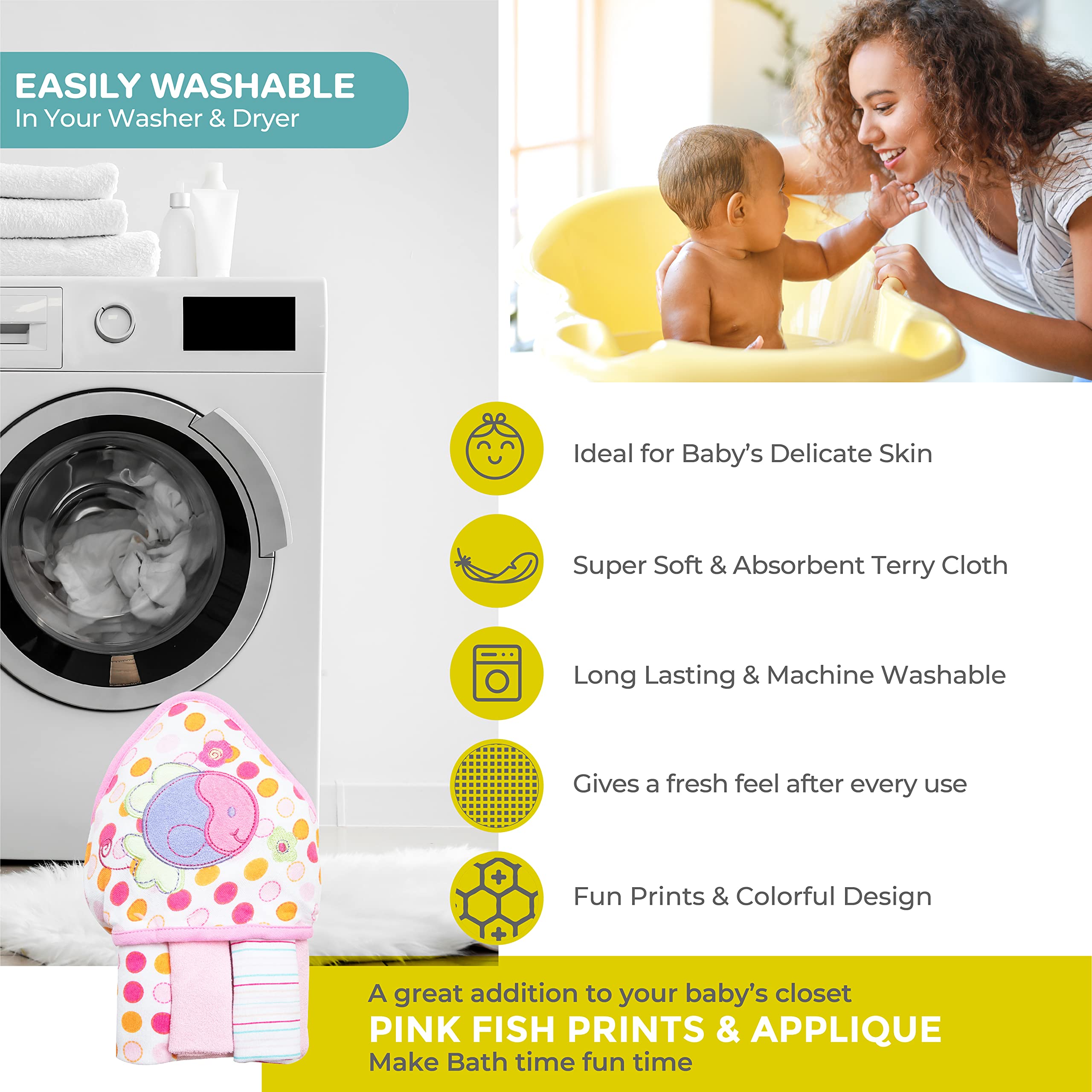 Spasilk pink fish applique design adds cheerful bath-time charm