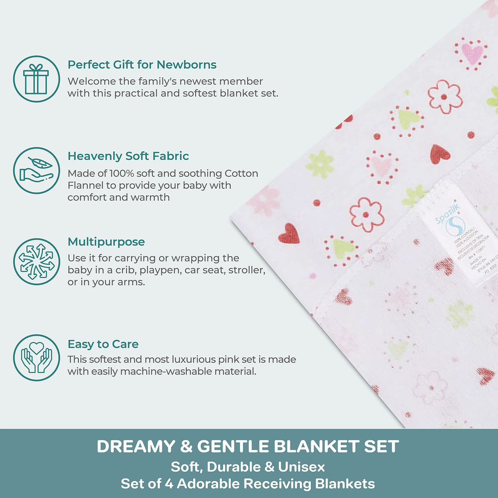 Spasilk pink four-pack layout highlighting practical, gift-ready baby set