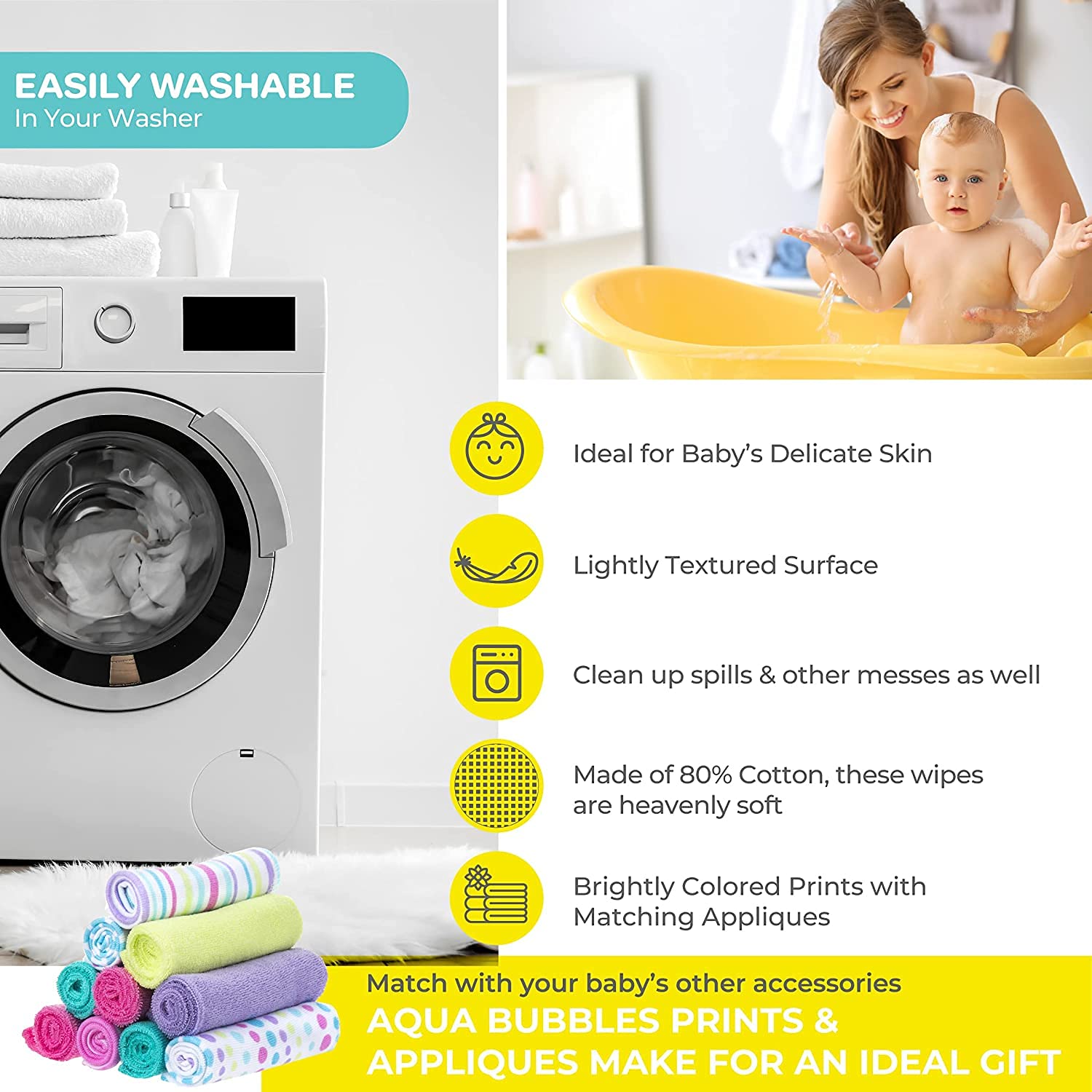 Spasilk set helps clean up spills during feeding and bath.