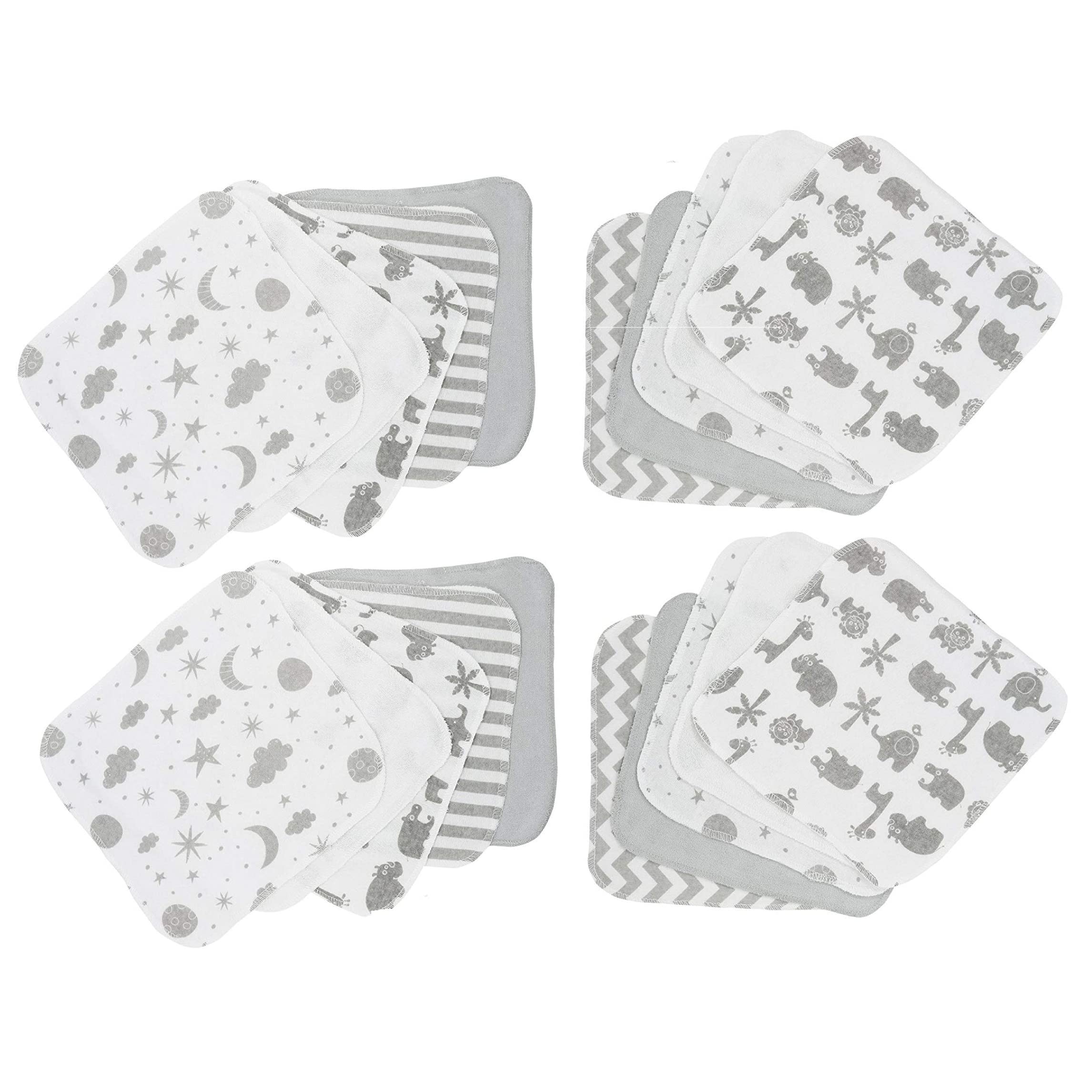 Spasilk washcloth set 20-pack display shows varied prints for gentle newborn care.